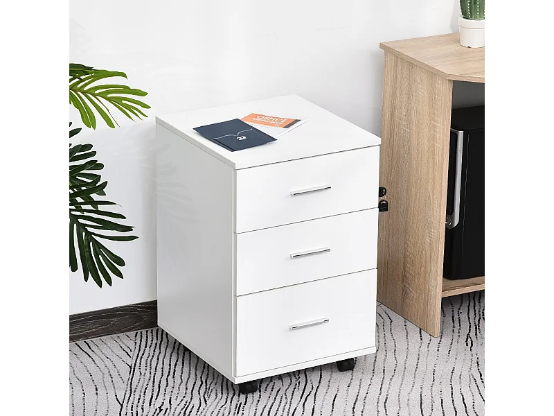 Caisson de bureau rangement bureau sur roulettes 3 tiroirs verrouillables dim. 40L x 41,5l x 61,5H cm blanc