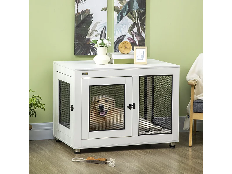 Cage pour chien sur pied style industriel - 2 portes verrouillables, coussin inclus - acier maillé noir panneaux aspect bois blanc