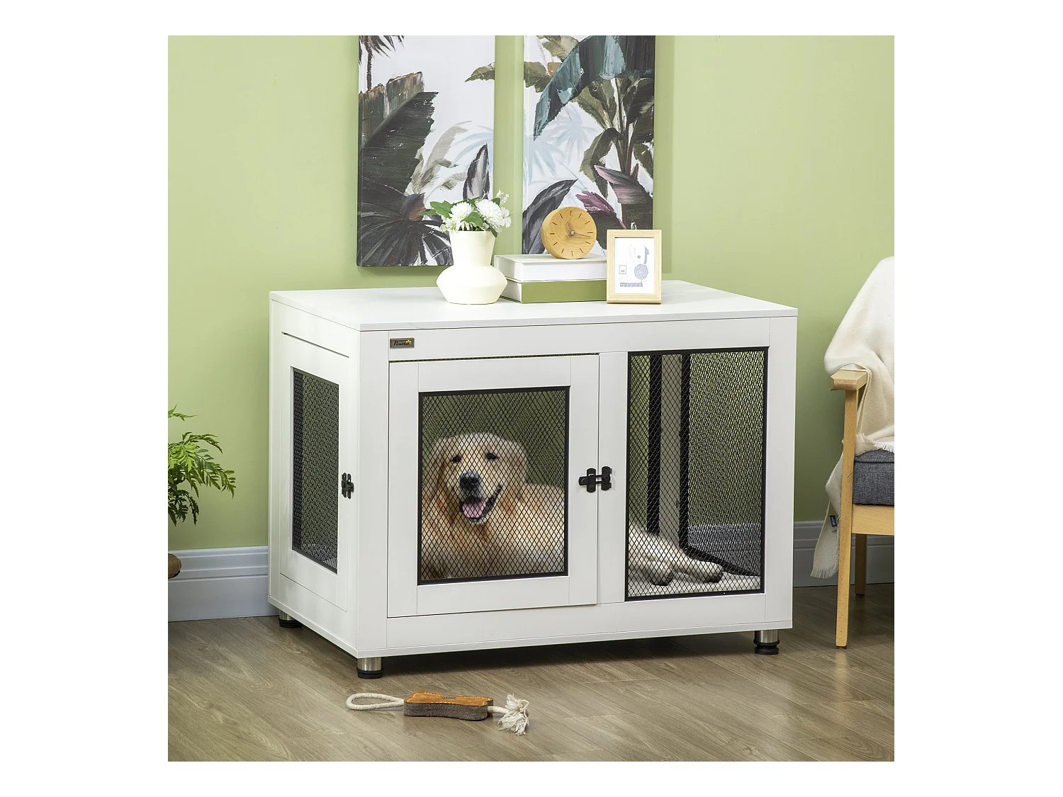 Cage pour chien sur pied style industriel - 2 portes verrouillables, coussin inclus - acier maillé noir panneaux aspect bois blanc