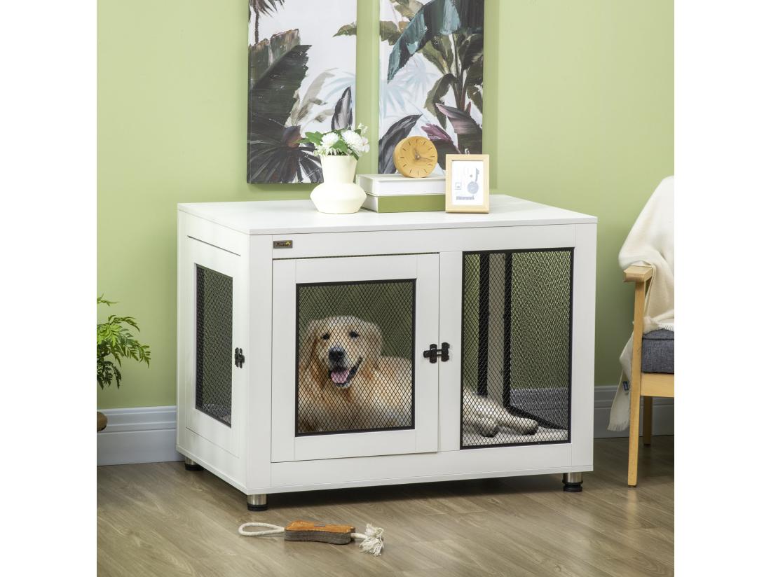 vente unique Cage pour chien sur pied style industriel - 2 portes verrouillables coussin inclus - acier maillé noir panneaux aspect bois blanc