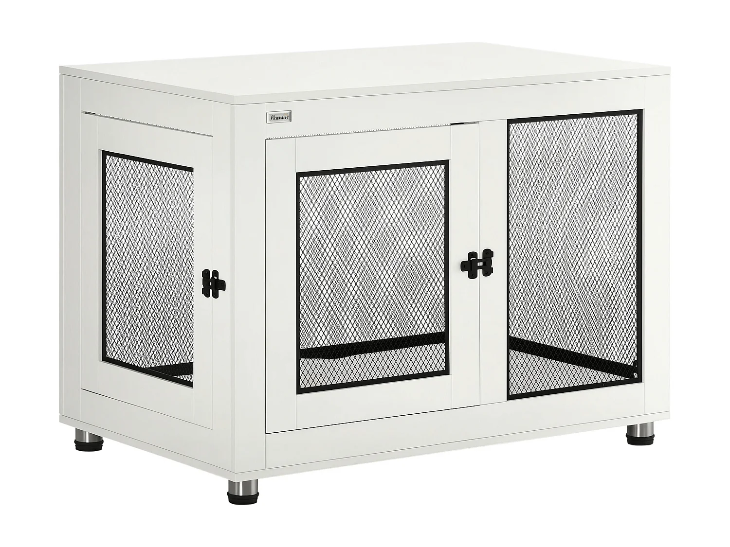 Cage pour chien sur pied style industriel - 2 portes verrouillables, coussin inclus - acier maillé noir panneaux aspect bois blanc