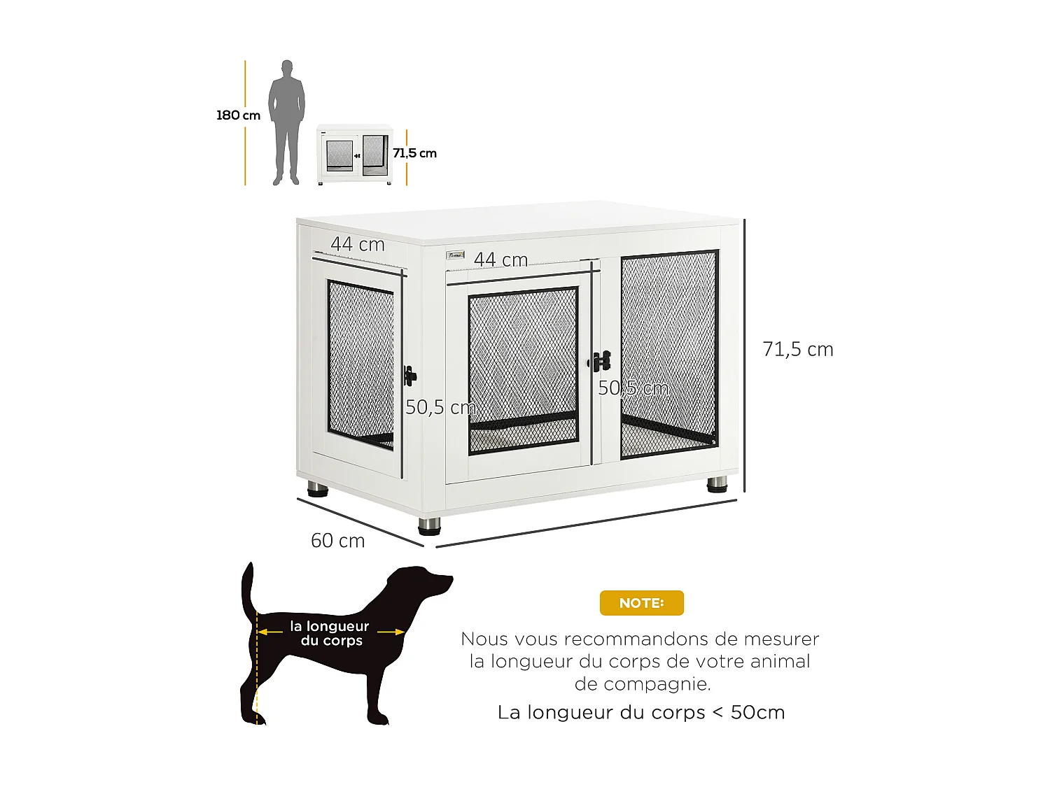 Cage pour chien sur pied style industriel - 2 portes verrouillables, coussin inclus - acier maillé noir panneaux aspect bois blanc