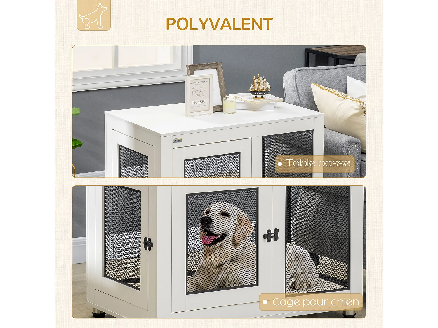 Cage pour chien sur pied style industriel - 2 portes verrouillables, coussin inclus - acier maillé noir panneaux aspect bois blanc
