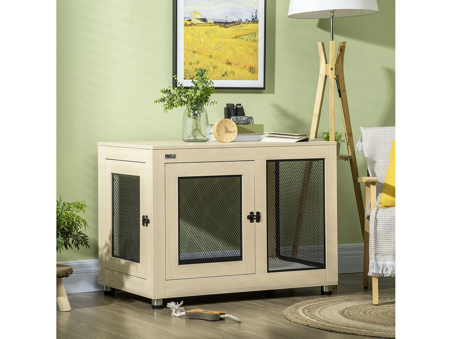 Cage pour chien sur pied style industriel - 2 portes verrouillables, coussin inclus - acier maillé noir panneaux aspect bois clair