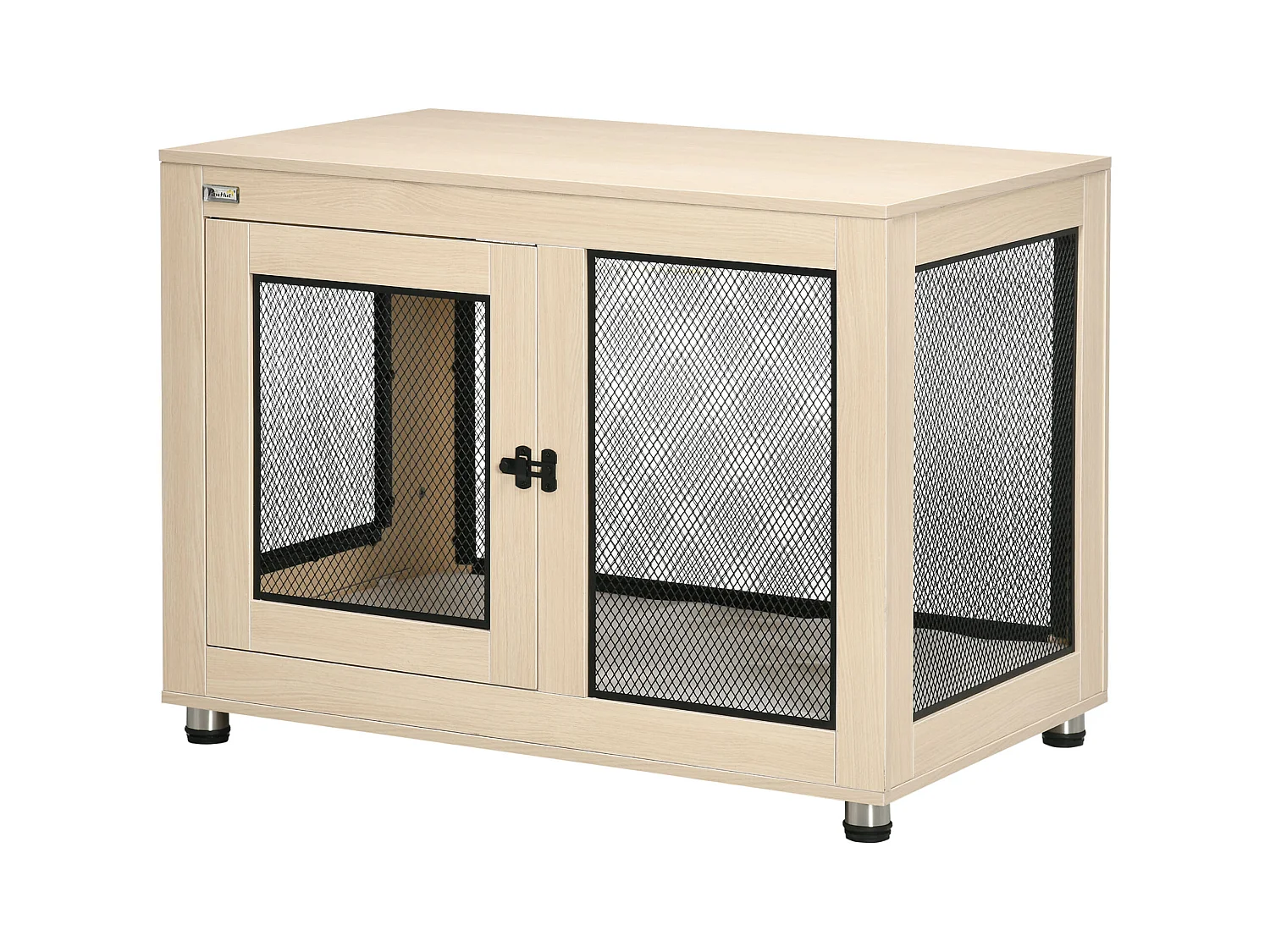 Cage pour chien sur pied style industriel - 2 portes verrouillables, coussin inclus - acier maillé noir panneaux aspect bois clair