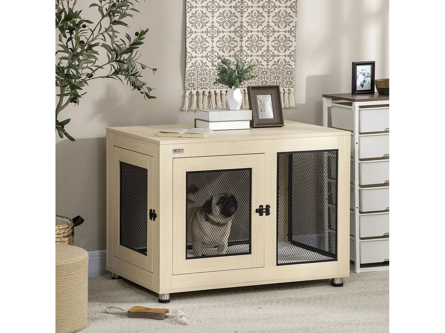 Cage pour chien sur pied style industriel - 2 portes verrouillables, coussin inclus - acier maillé noir panneaux aspect bois clair