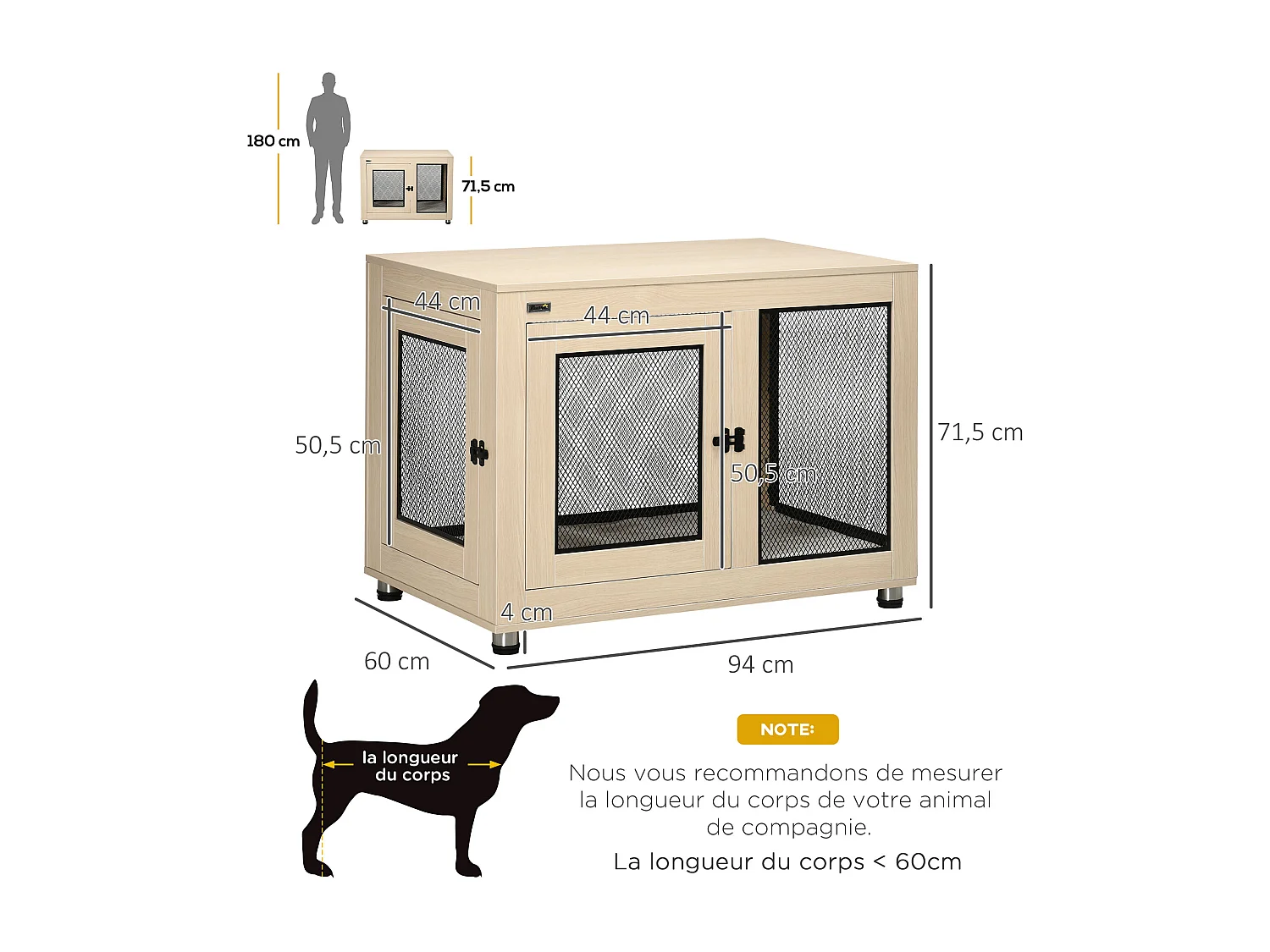 Cage pour chien sur pied style industriel - 2 portes verrouillables, coussin inclus - acier maillé noir panneaux aspect bois clair