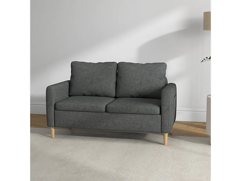 Canapé 2 places style contemporain pochettes sur les accoudoirs pieds en bois revêtement tissu aspect lin - gris