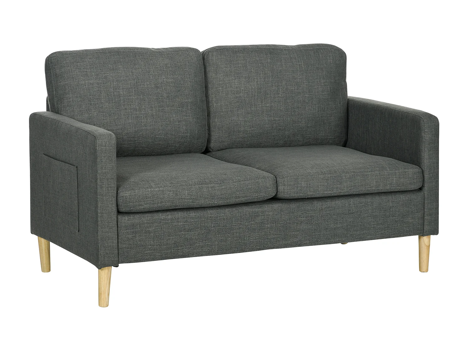 Canapé 2 places style contemporain pochettes sur les accoudoirs pieds en bois revêtement tissu aspect lin - gris