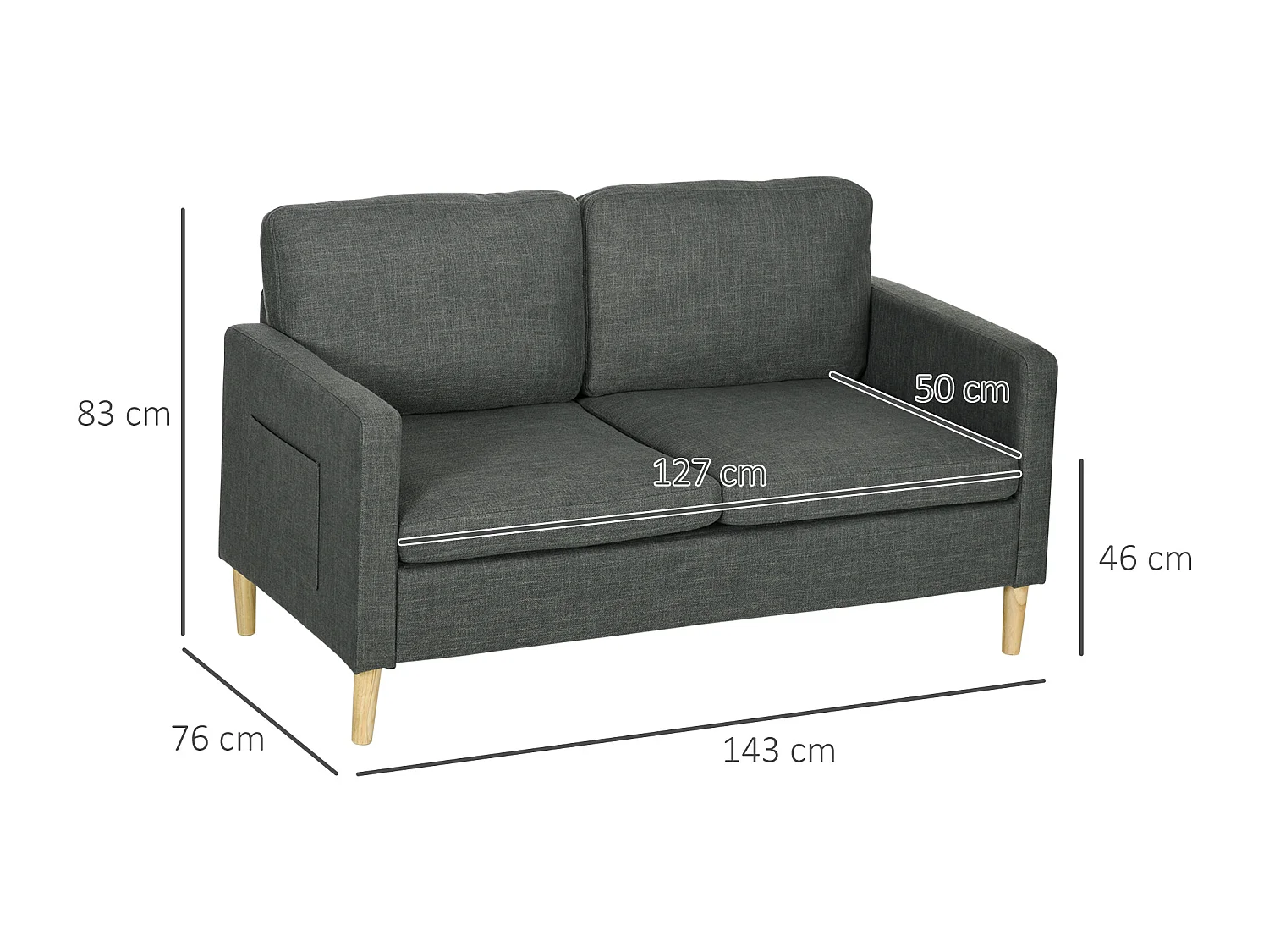 Canapé 2 places style contemporain pochettes sur les accoudoirs pieds en bois revêtement tissu aspect lin - gris