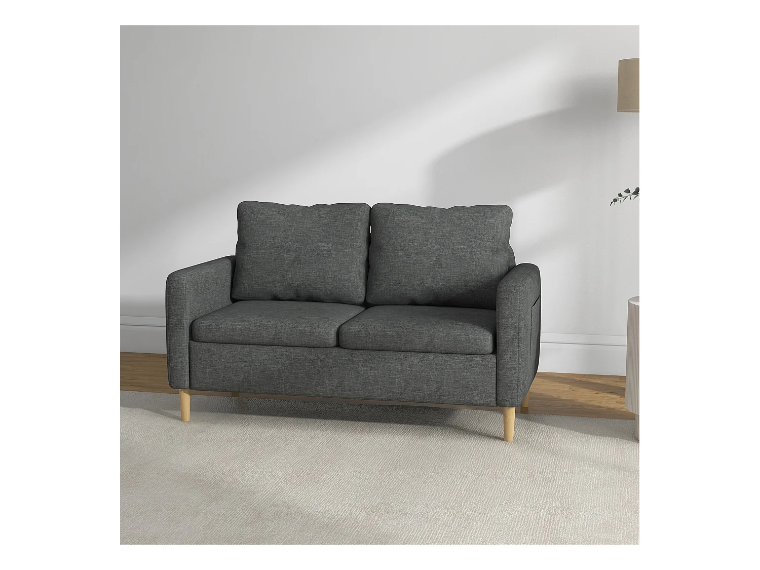 Canapé 2 places style contemporain pochettes sur les accoudoirs pieds en bois revêtement tissu aspect lin - gris