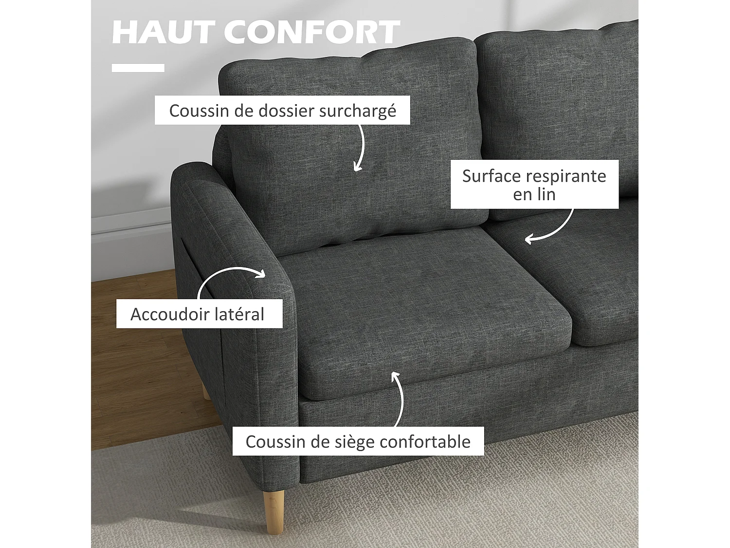 Canapé 2 places style contemporain pochettes sur les accoudoirs pieds en bois revêtement tissu aspect lin - gris