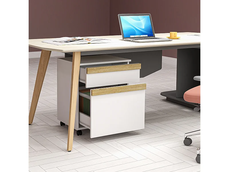 Caisson de bureau rangement bureau sur roulettes tiroir coulissant et tiroir dossiers suspendus blanc aspect chêne clair