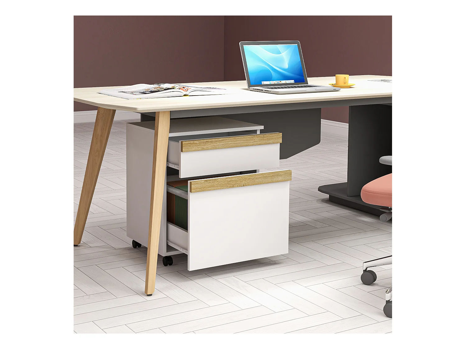 Caisson de bureau rangement bureau sur roulettes tiroir coulissant et tiroir dossiers suspendus blanc aspect chêne clair