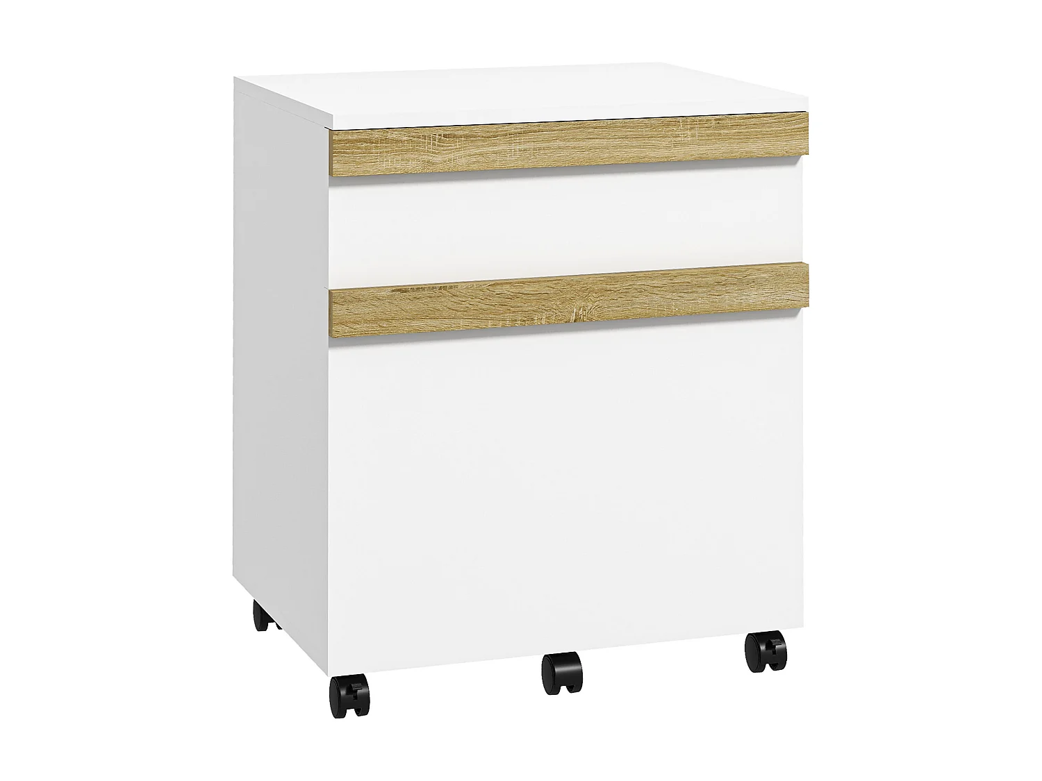 Caisson de bureau rangement bureau sur roulettes tiroir coulissant et tiroir dossiers suspendus blanc aspect chêne clair