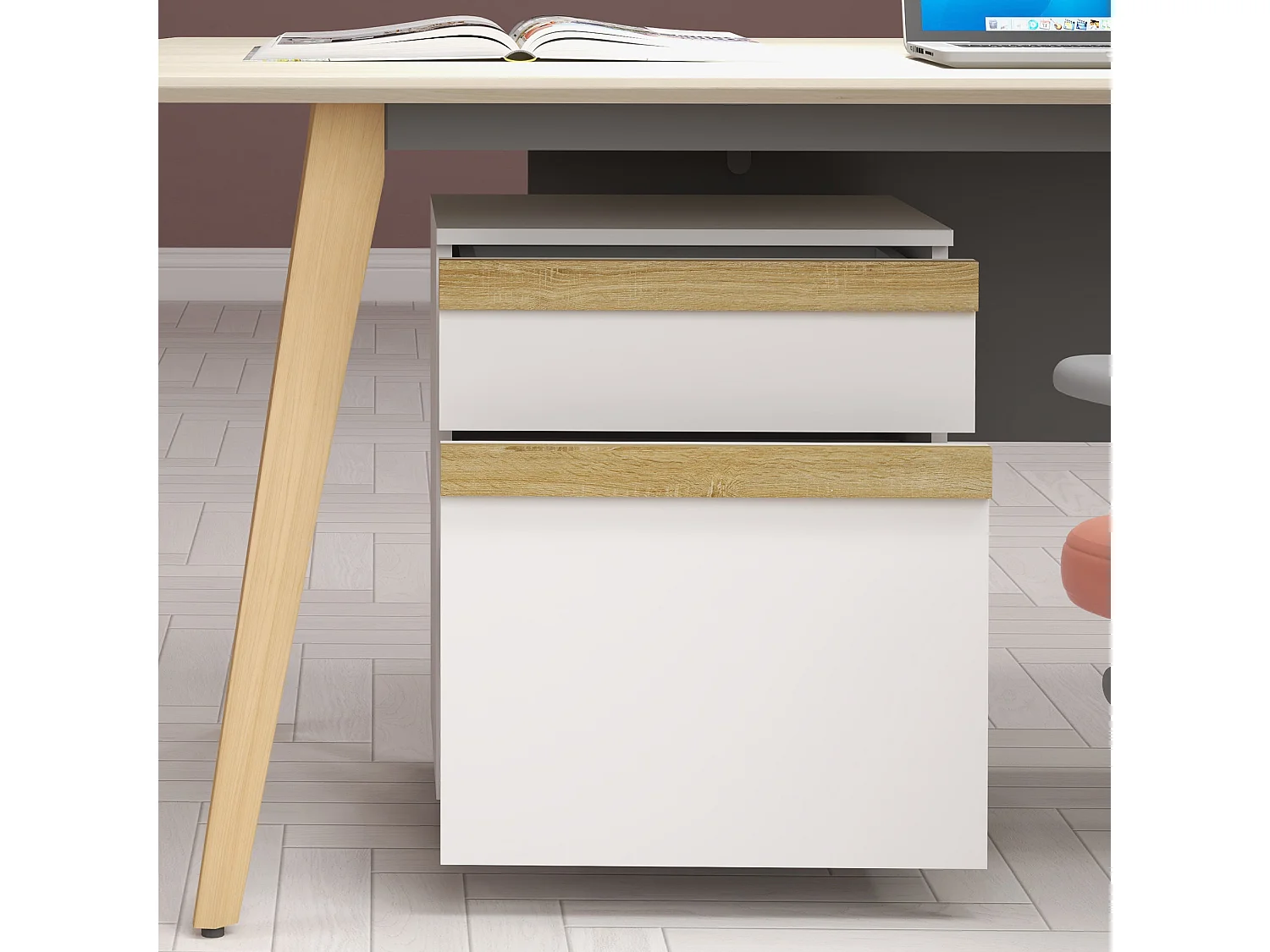 Caisson de bureau rangement bureau sur roulettes tiroir coulissant et tiroir dossiers suspendus blanc aspect chêne clair