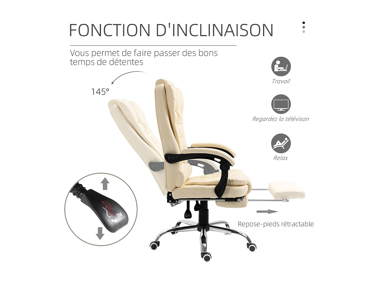 Fauteuil de bureau fauteuil manager grand confort réglable dossier inclinable repose-pied revêtement synthétique crème