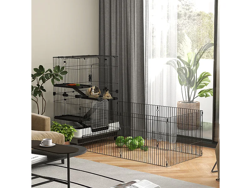 Cage pour petits animaux roulante 3 plates-formes démontables 3 rampes plateau inférieur amovible métal PP 182 x 81 x 114 cm noir
