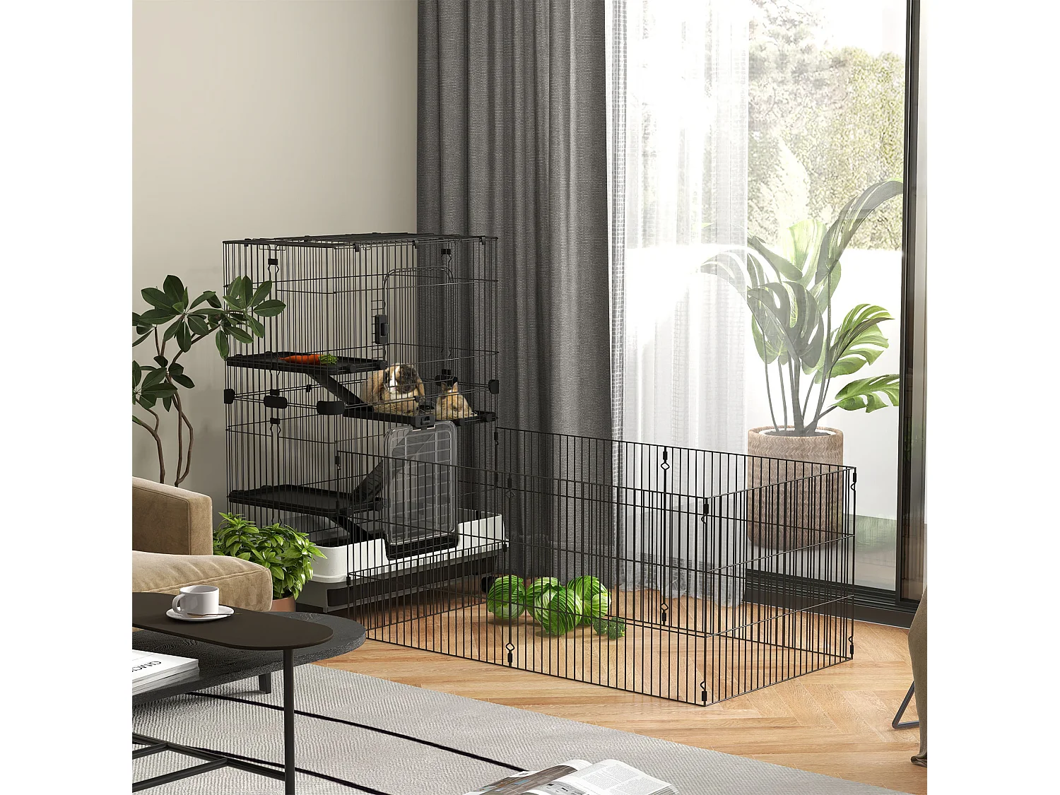 Cage pour petits animaux roulante 3 plates-formes démontables 3 rampes plateau inférieur amovible métal PP 182 x 81 x 114 cm noir