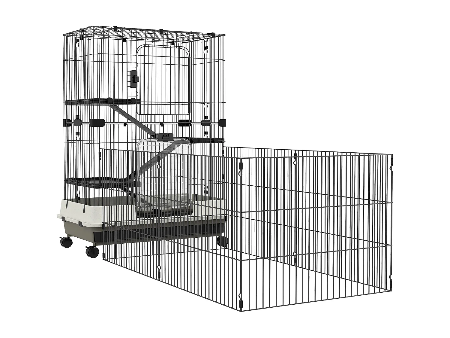 Cage pour petits animaux roulante 3 plates-formes démontables 3 rampes plateau inférieur amovible métal PP 182 x 81 x 114 cm noir