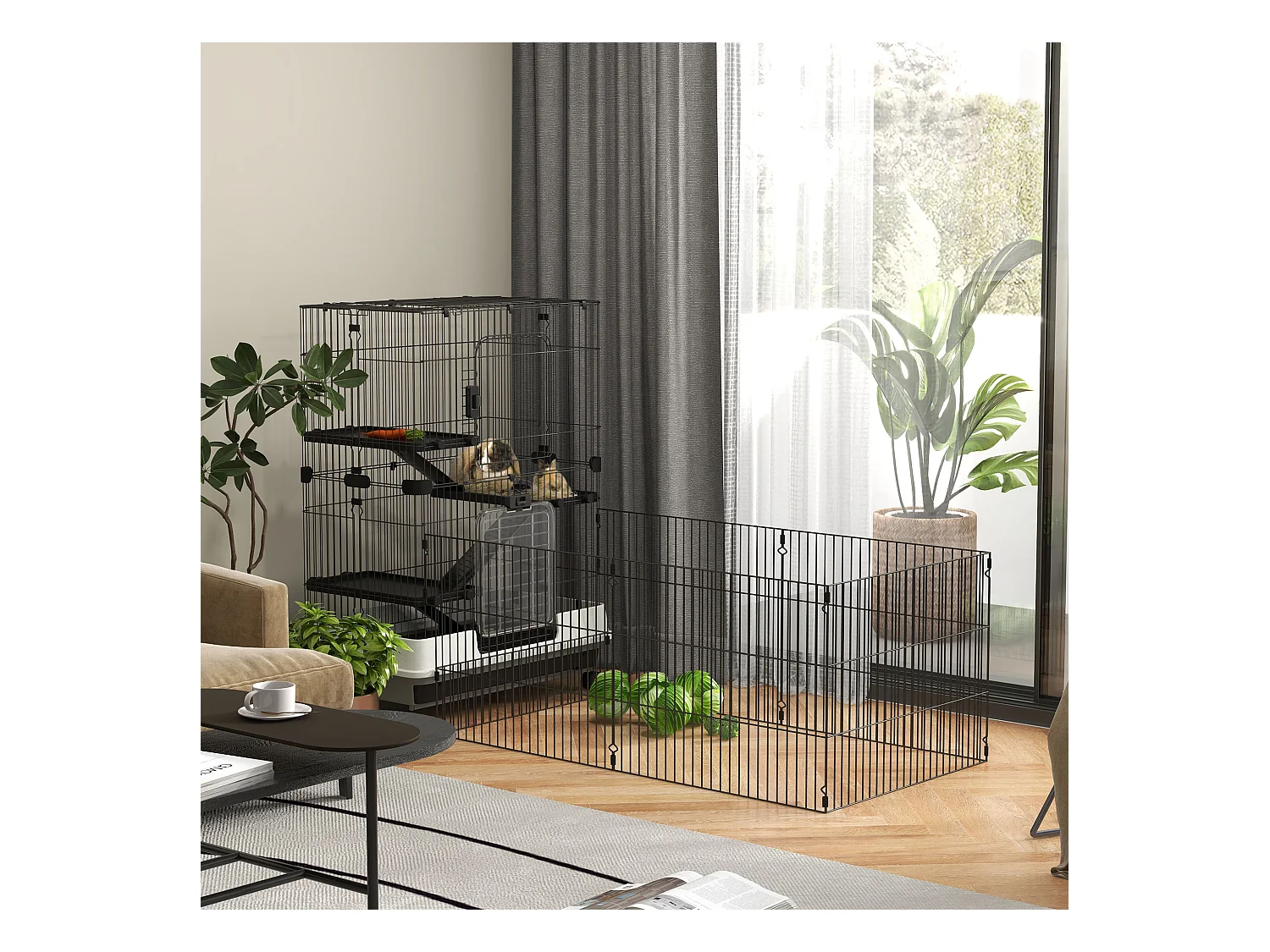 Cage pour petits animaux roulante 3 plates-formes démontables 3 rampes plateau inférieur amovible métal PP 182 x 81 x 114 cm noir