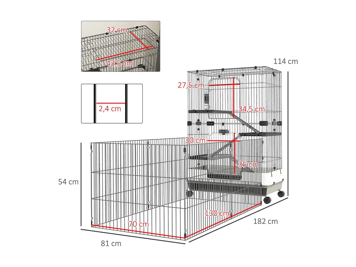 Cage pour petits animaux roulante 3 plates-formes démontables 3 rampes plateau inférieur amovible métal PP 182 x 81 x 114 cm noir
