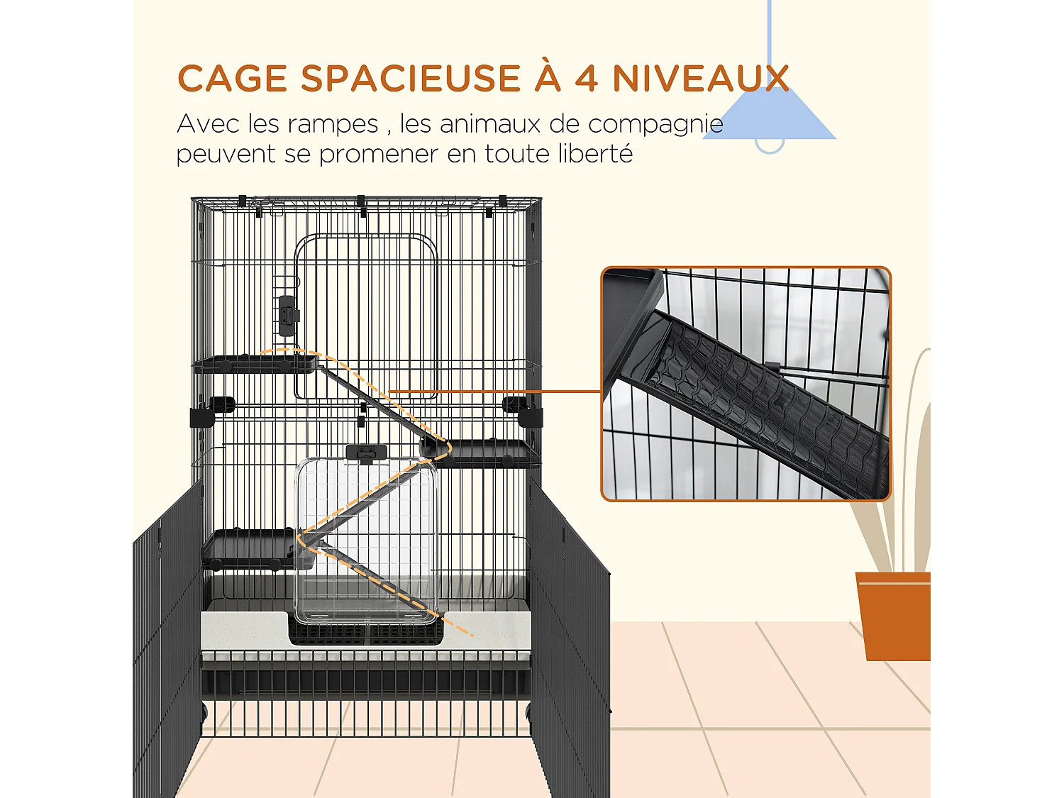 Cage pour petits animaux roulante 3 plates-formes démontables 3 rampes plateau inférieur amovible métal PP 182 x 81 x 114 cm noir