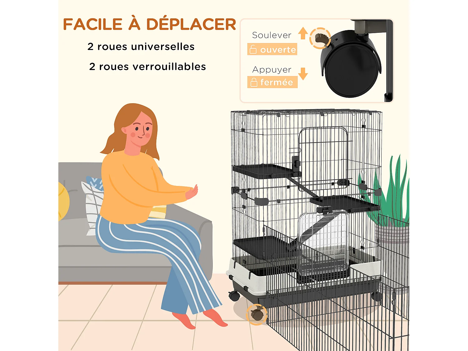Cage pour petits animaux roulante 3 plates-formes démontables 3 rampes plateau inférieur amovible métal PP 182 x 81 x 114 cm noir