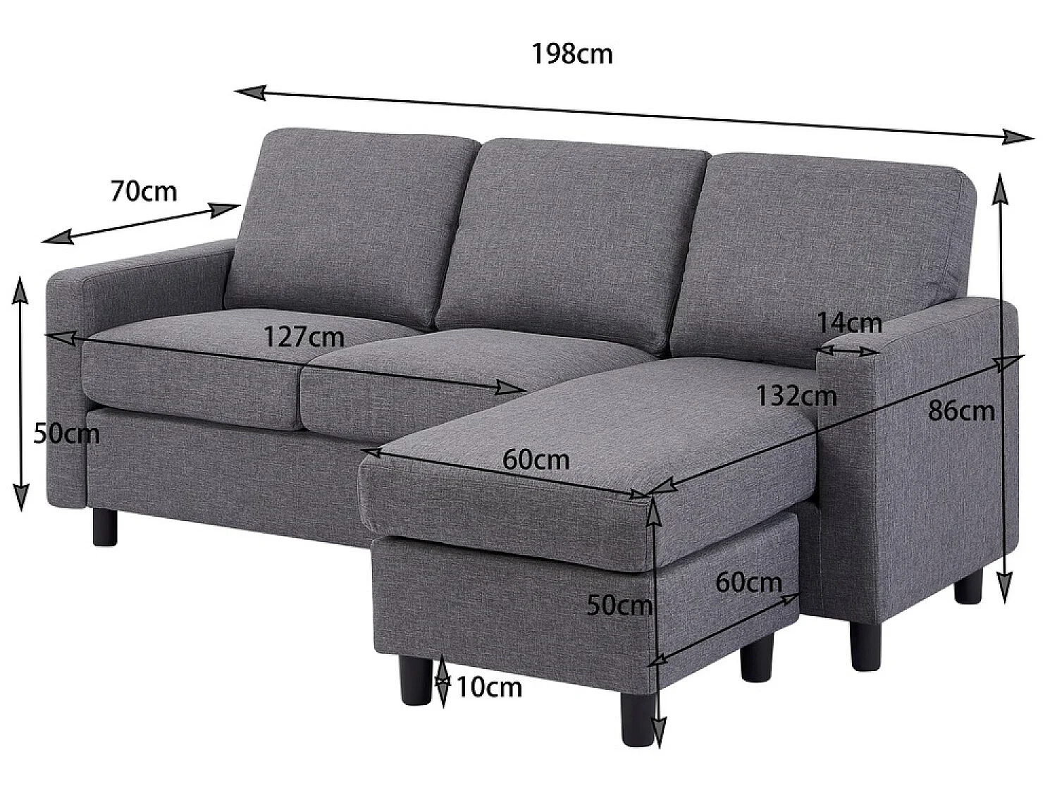 Canapé modulable 3 places + 1 pouf tissu gris CORK