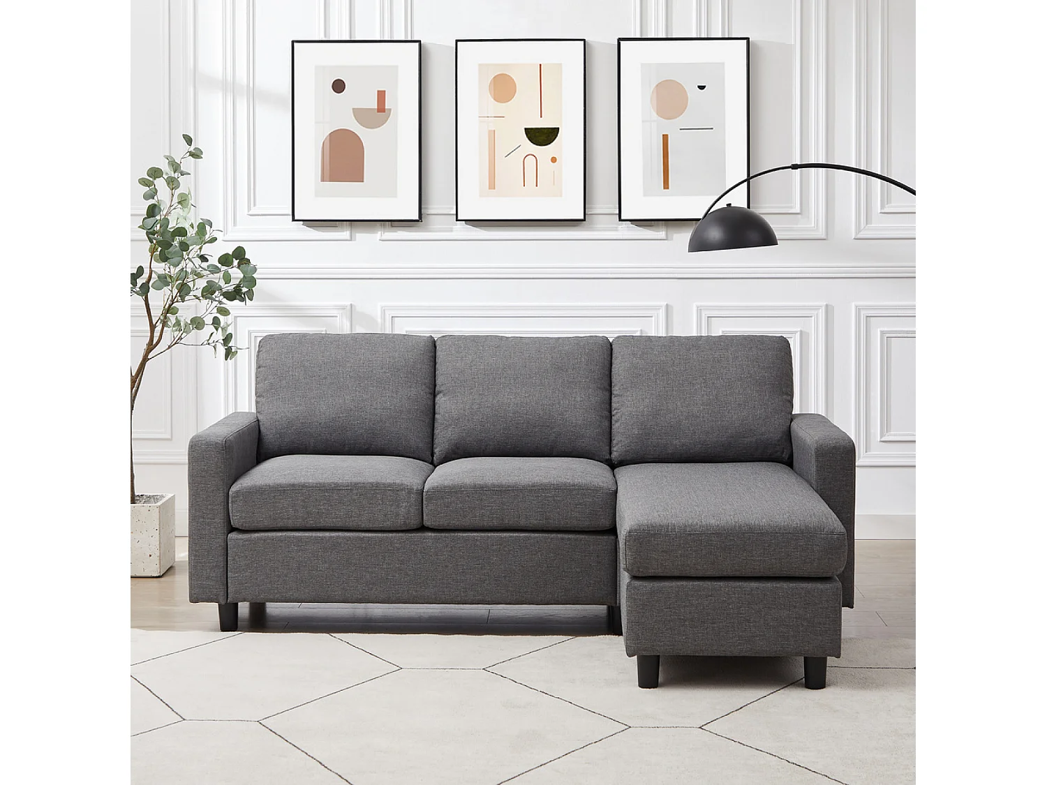 Canapé 3 places + 1 pouf modulable tissu gris CORK