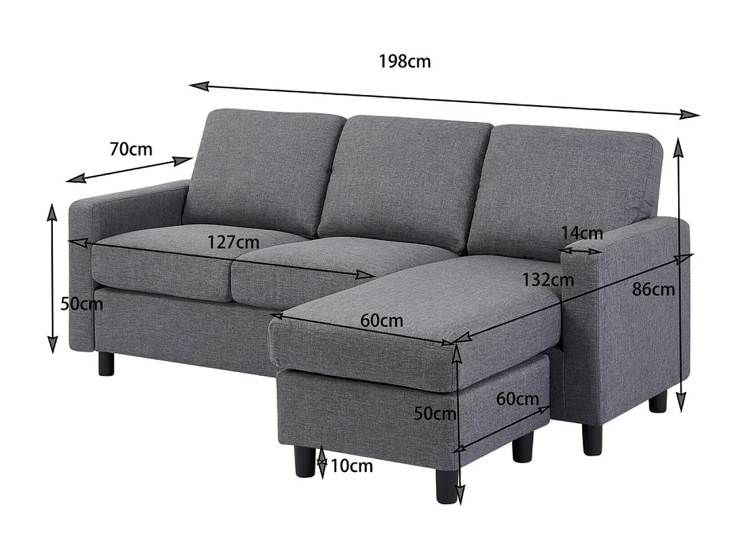 Canapé 3 places + 1 pouf modulable tissu gris CORK