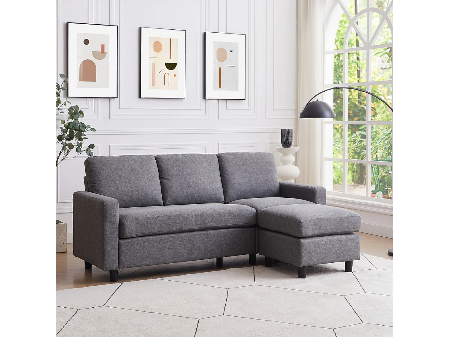 Canapé 3 places + 1 pouf modulable tissu gris CORK