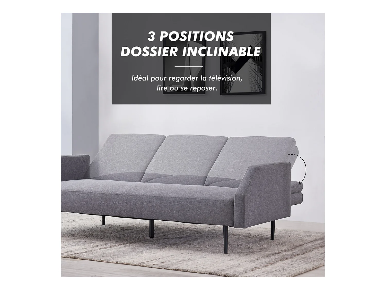 Canapé convertible 3 places tissu gris DUBLIN