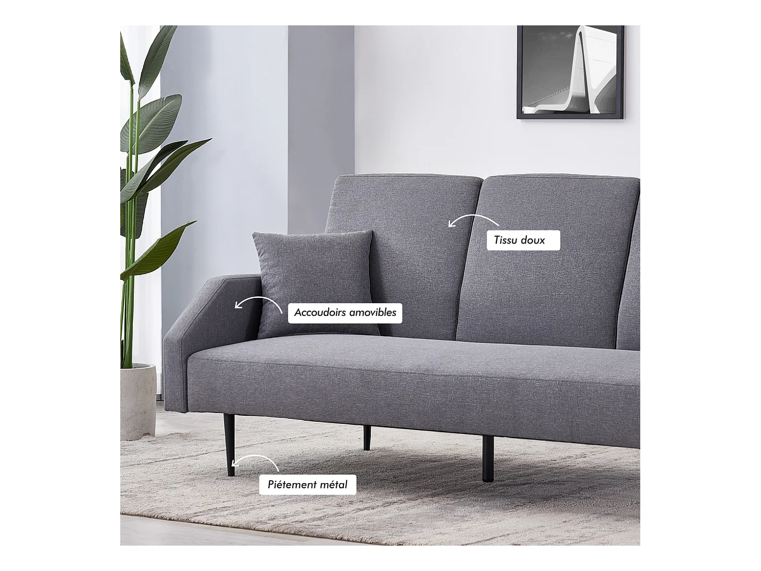 Canapé convertible 3 places tissu gris DUBLIN