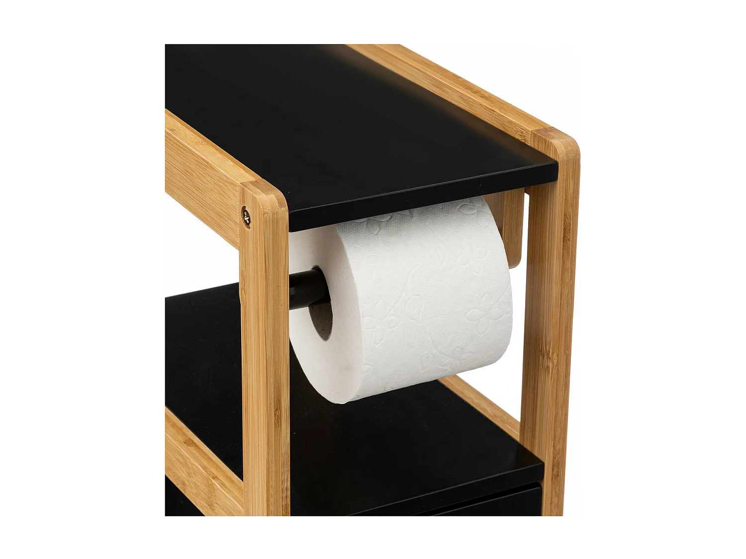 Meuble Réserve et Dérouleur de Papier WC en Bambou et Bois Blanc H 80 cm