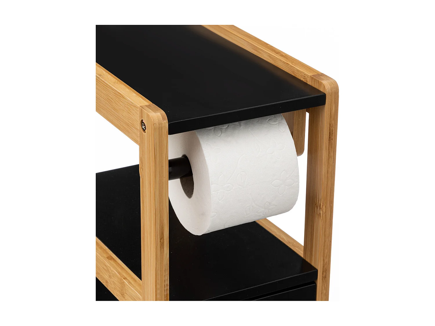 Meuble Réserve et Dérouleur de Papier WC en Bambou et Bois Blanc H 80 cm