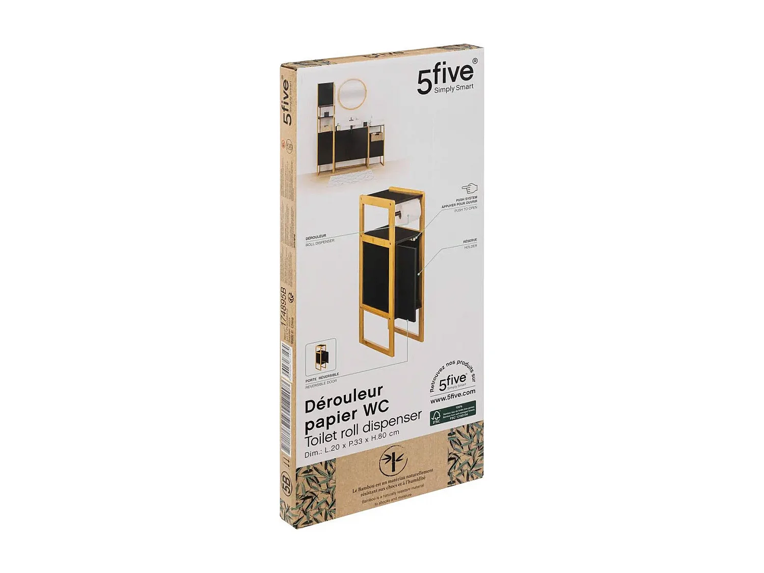 Meuble Réserve et Dérouleur de Papier WC en Bambou et Bois Blanc H 80 cm