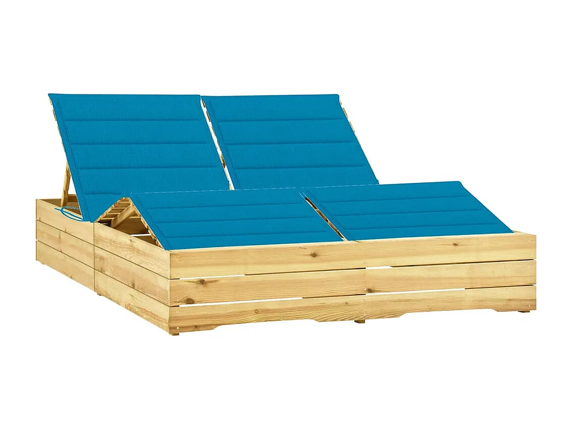 Tumbona tumbona tumbona cama de jardín terraza muebles de exterior dobles y cojines azules madera de pino impregnada 02_0012749
