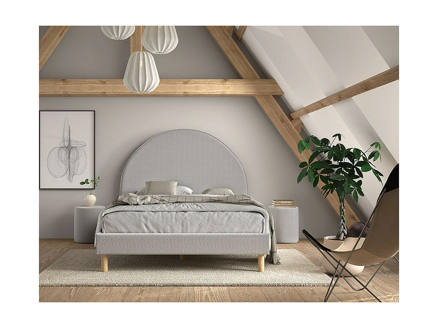 CONNIE - Pouf Rond 41cm Tissu Bouclé Gris