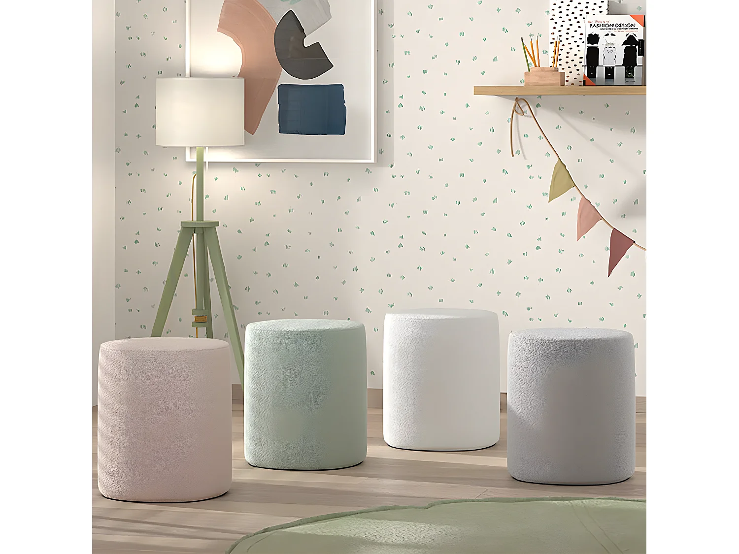 CONNIE - Pouf Rond 41cm Tissu Bouclé Vert Olive