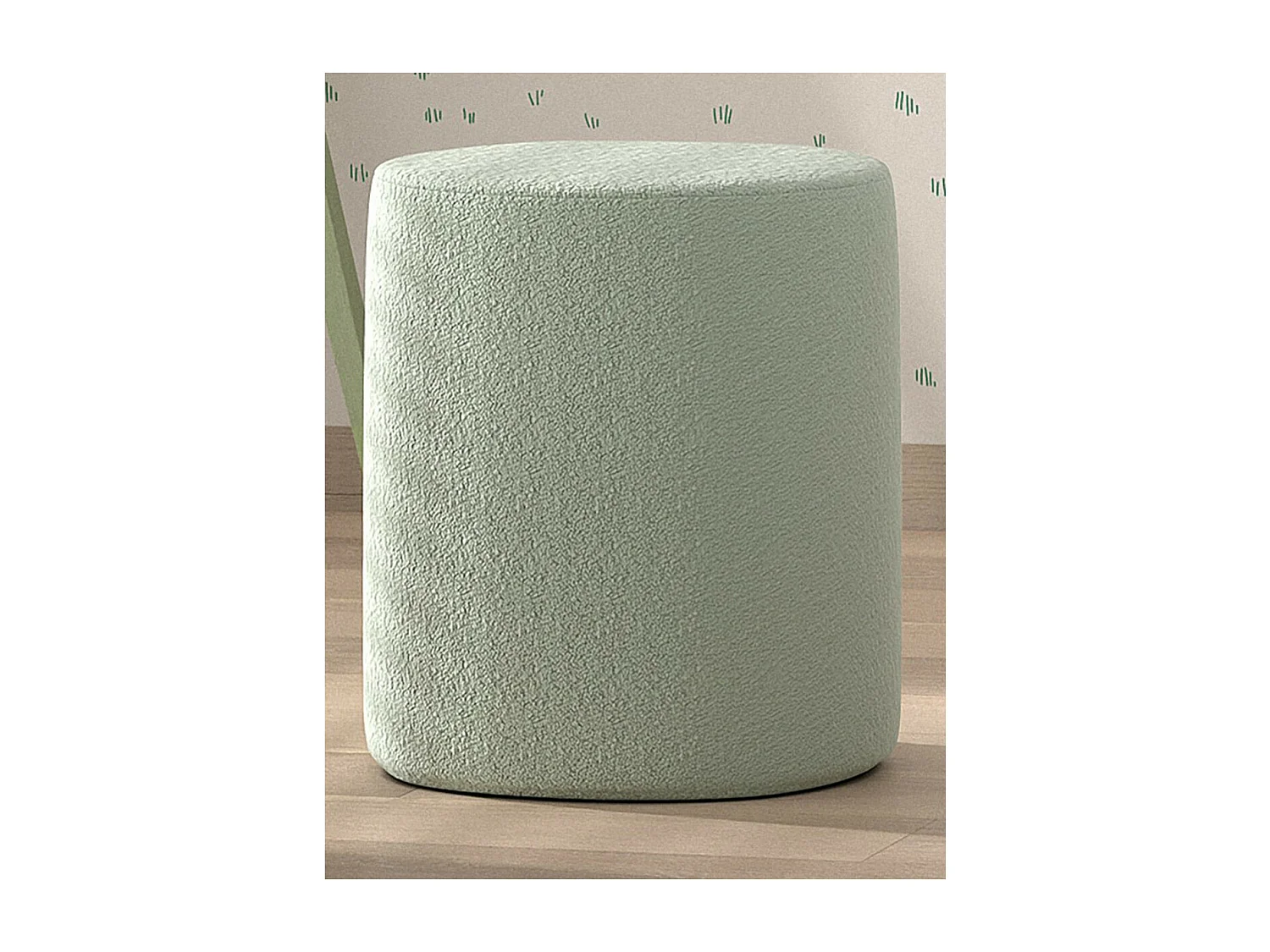 CONNIE - Pouf Rond 41cm Tissu Bouclé Vert Olive