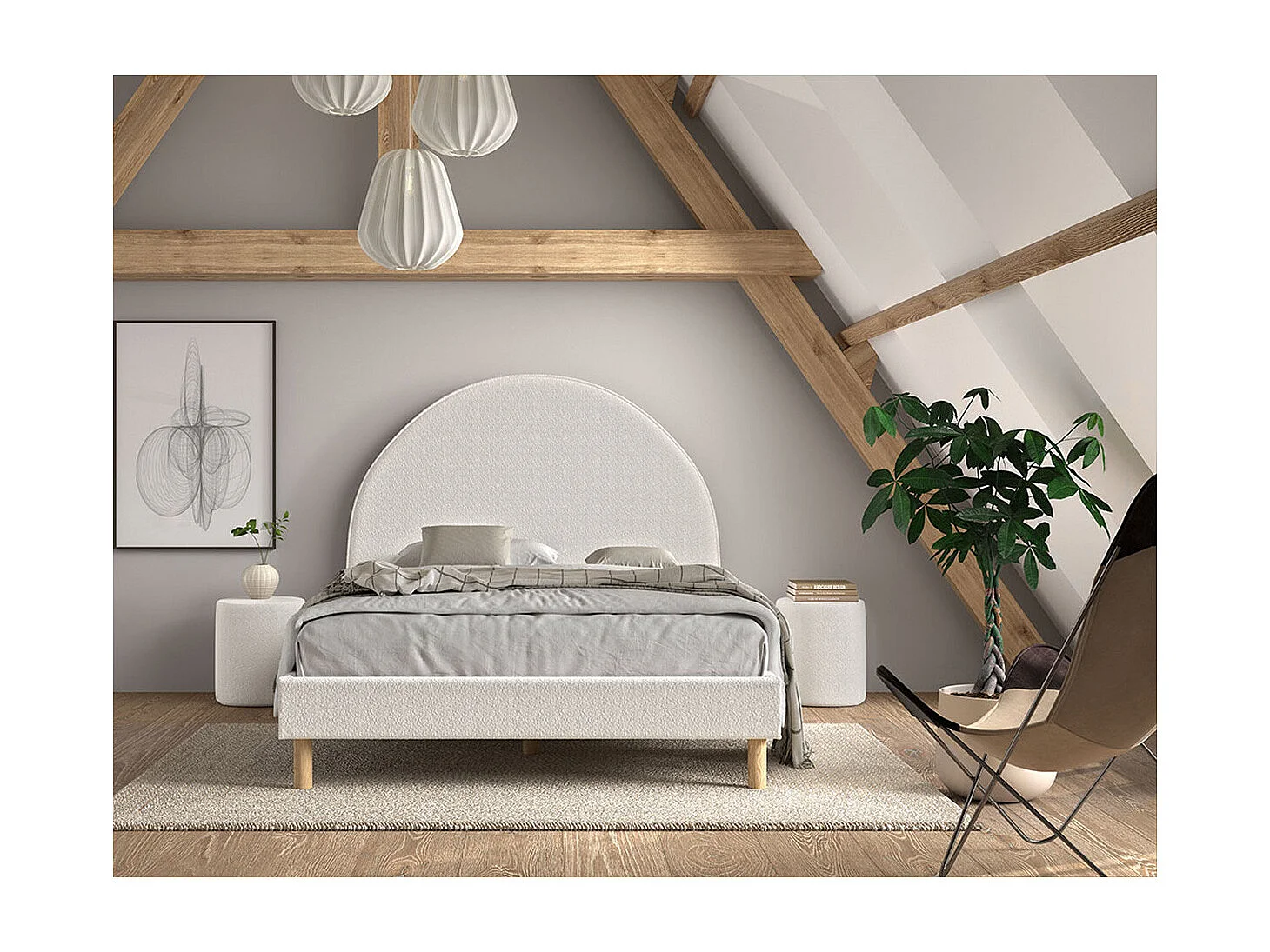 CONNIE - Pouf Rond 41cm Tissu Bouclé Blanc