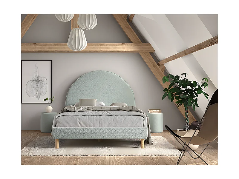 CONNIE - Pack Lit 140x200cm Tête Demi-Lune + 2 Poufs Tissu Bouclé Vert Olive