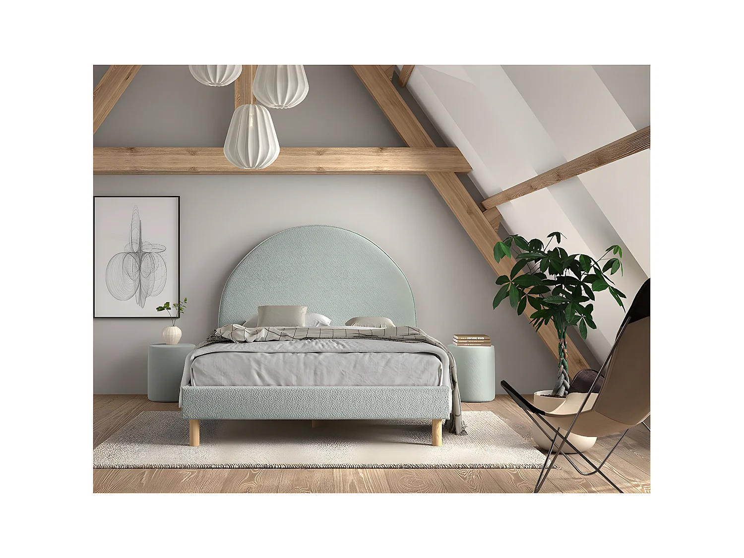 CONNIE - Pack Lit 140x200cm Tête Demi-Lune + 2 Poufs Tissu Bouclé Vert Olive