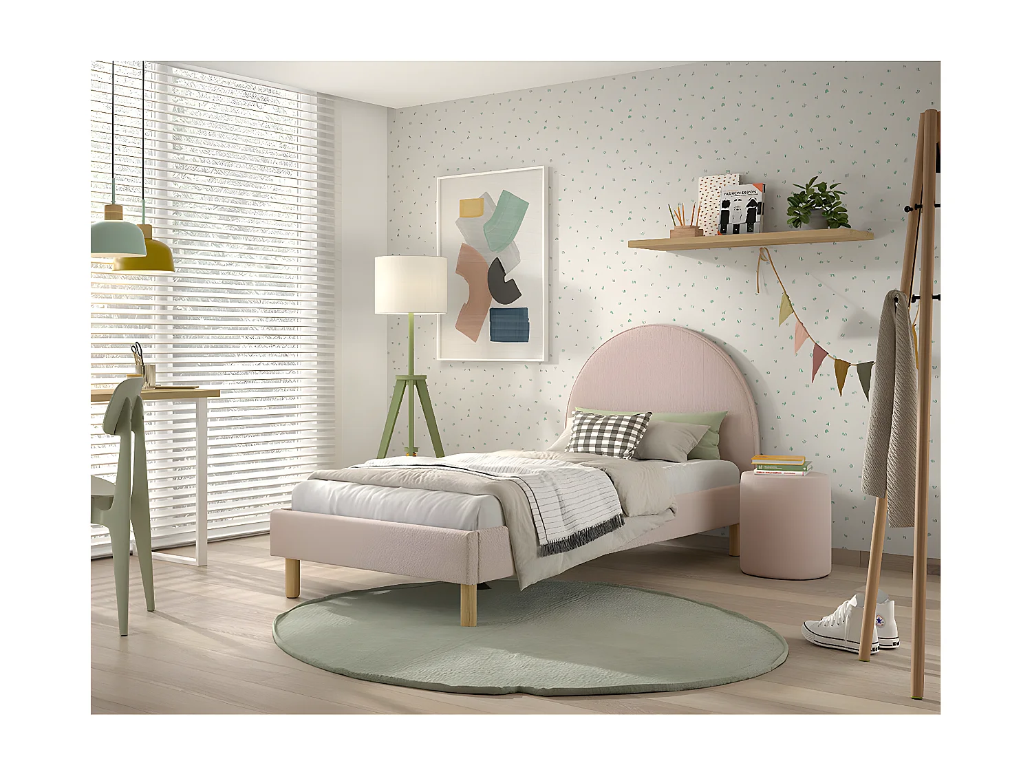 CONNIE - Pack Lit 90x200cm Tête Demi-Lune + Pouf Tissu Bouclé Rose