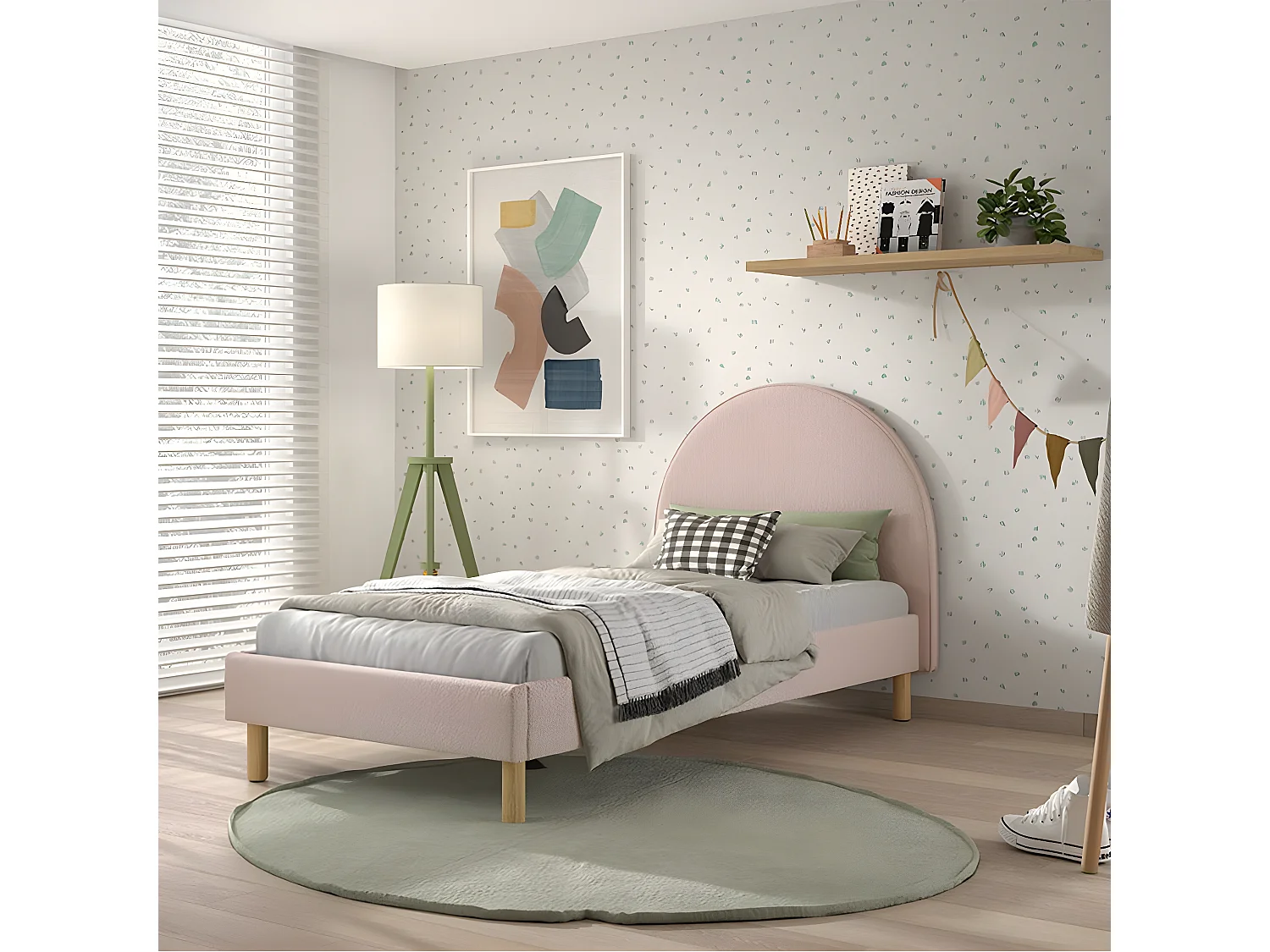 CONNIE - Pack Lit 90x200cm Tête Demi-Lune + Pouf Tissu Bouclé Rose