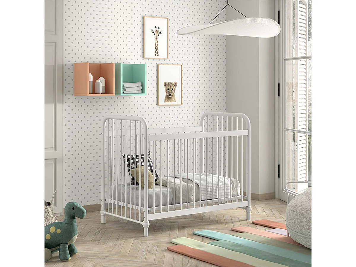 CHICAGO - Lit Bébé à Barreaux 60x120cm Hauteur Réglable Métal Poudré Blanc