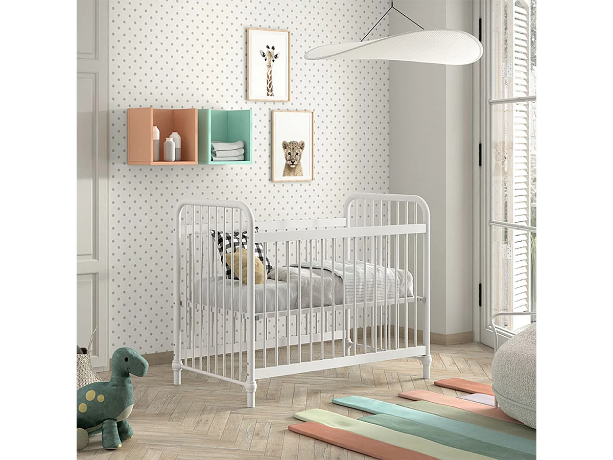 CHICAGO - Lit Bébé à Barreaux 60x120cm Hauteur Réglable Métal Poudré Blanc