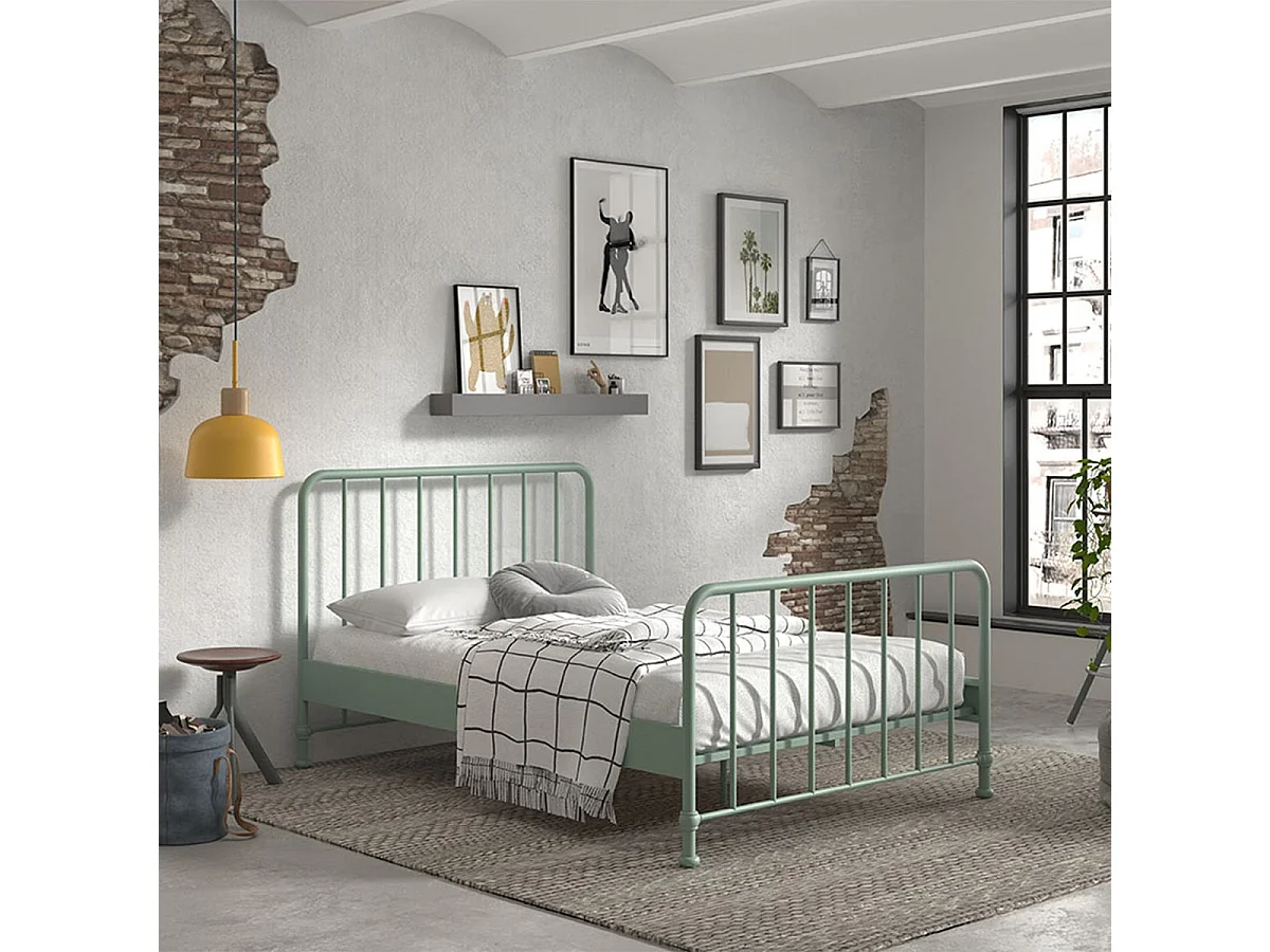 CHICAGO - Lit à Barreaux 140x200cm Métal Poudré Vert Olive