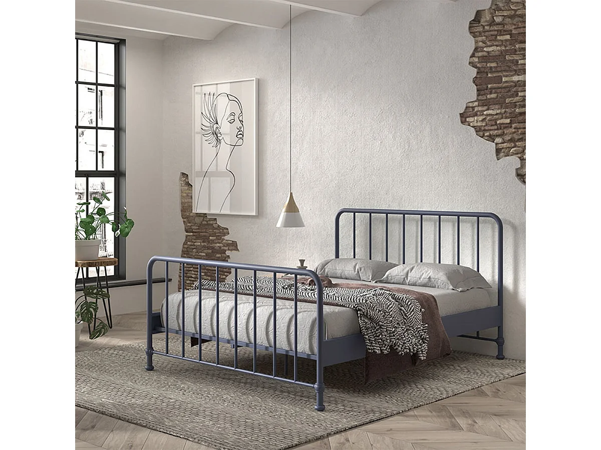 CHICAGO - Lit à Barreaux 160x200cm Métal Poudré Bleu